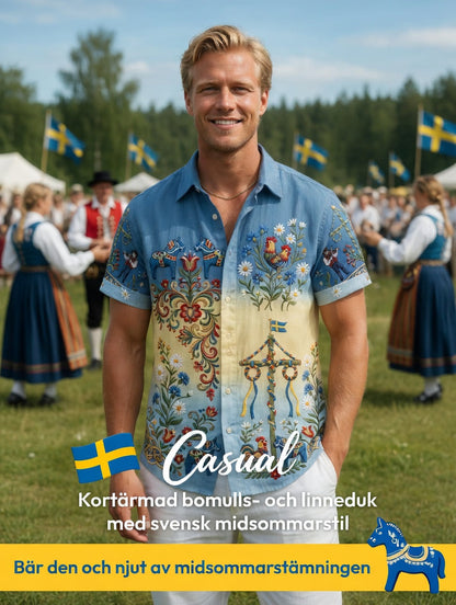 Herrskjortor i retrostil med svensk midsommar- och folkdräktsmotiv i bomull-linne, kortärmade