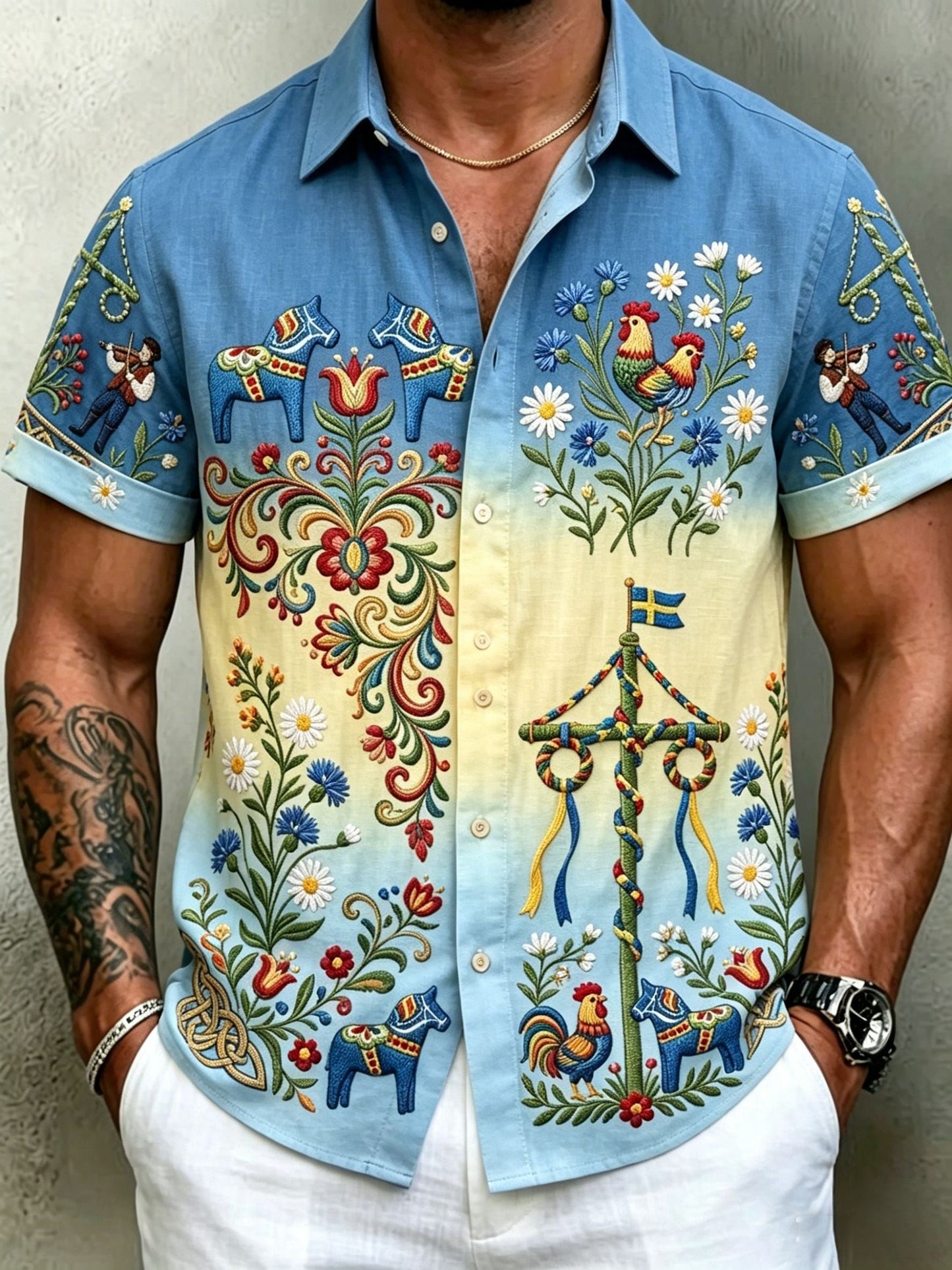 Herrskjortor i retrostil med svensk midsommar- och folkdräktsmotiv i bomull-linne, kortärmade