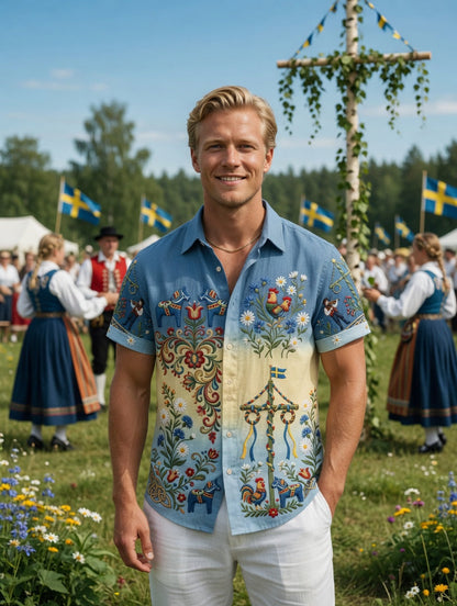 Herrskjortor i retrostil med svensk midsommar- och folkdräktsmotiv i bomull-linne, kortärmade
