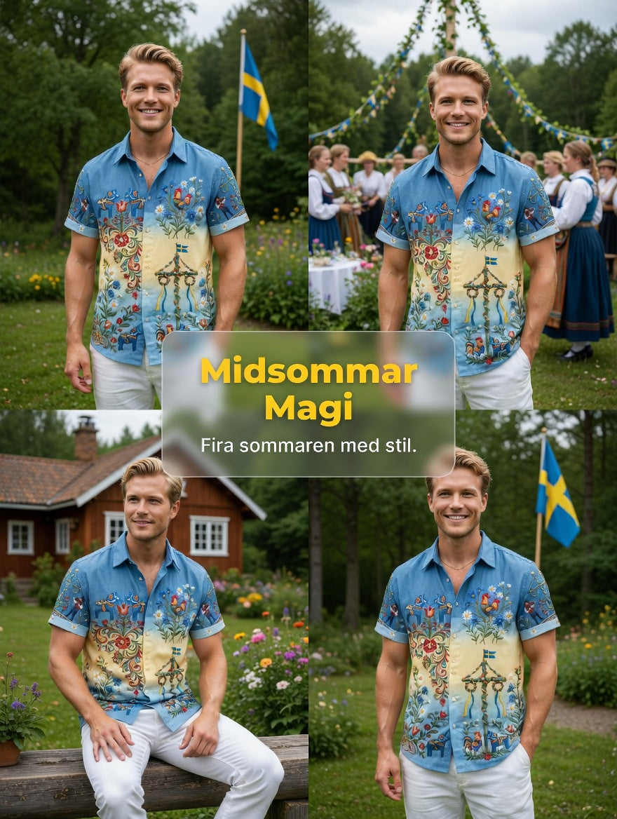 Herrskjortor i retrostil med svensk midsommar- och folkdräktsmotiv i bomull-linne, kortärmade