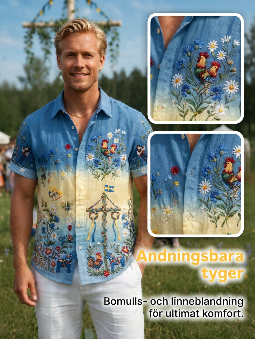 Herrskjortor i retrostil med svensk midsommar- och folkdräktsmotiv i bomull-linne, kortärmade