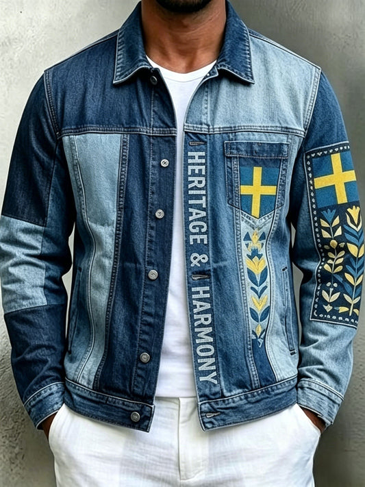 Herrretro svensk midtsommerfolkaldri blomstrete bomull-linjakke med lange ermer