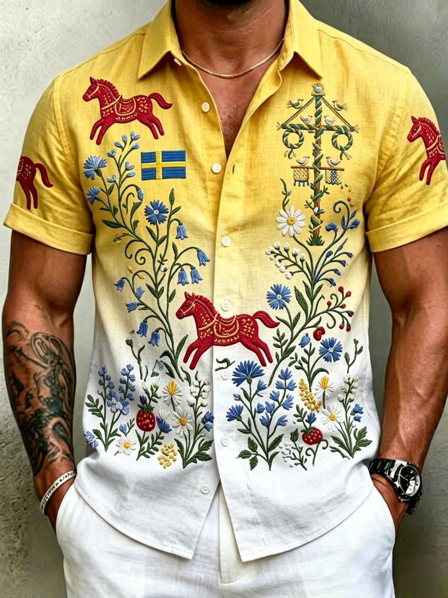 Herrskjortor i retrostil med svensk midsommar- och folkdräktsmotiv i bomull-linne, kortärmade