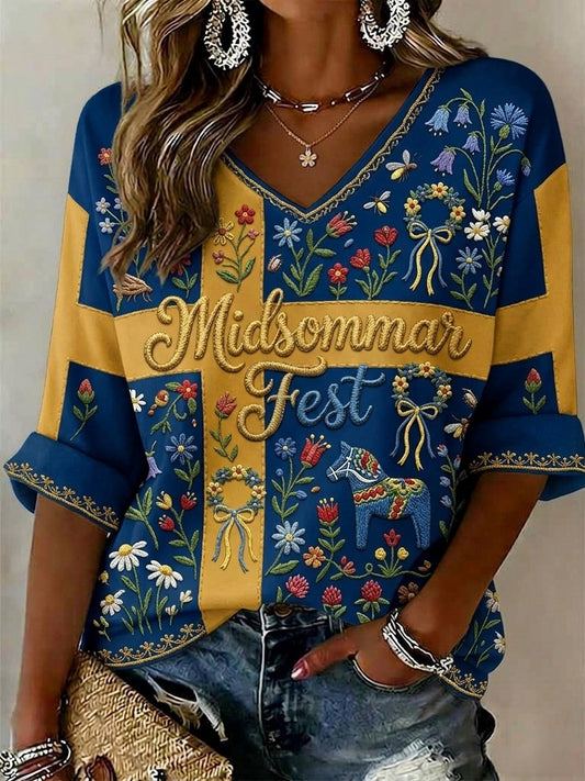 Damer retro svensk midtsommer blomster topp