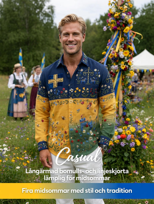 Retro langermet herreskjorte i bomull-lin uten blomster fra svensk midtsommer