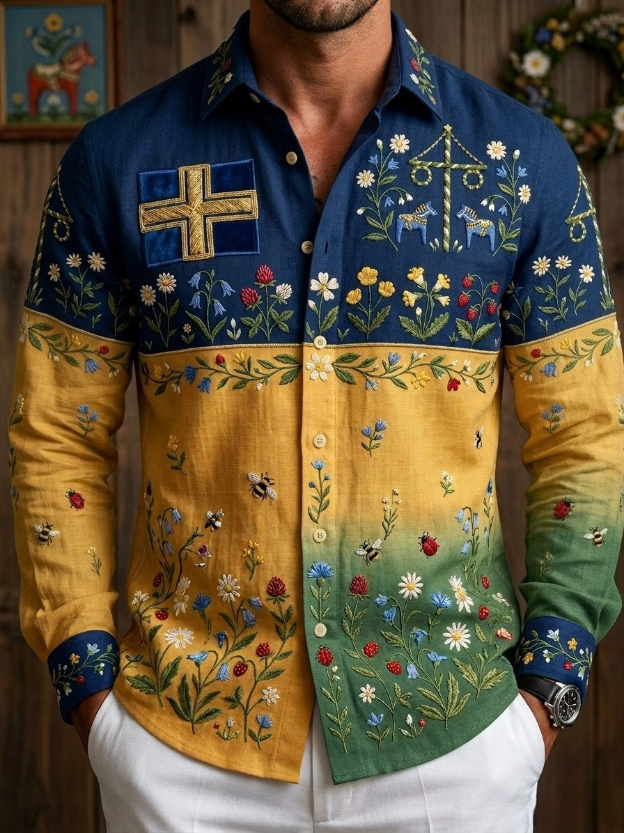 Herrretro svensk midsommarfolkaldrigblommig bomull-linne skjorta med långa ärmar