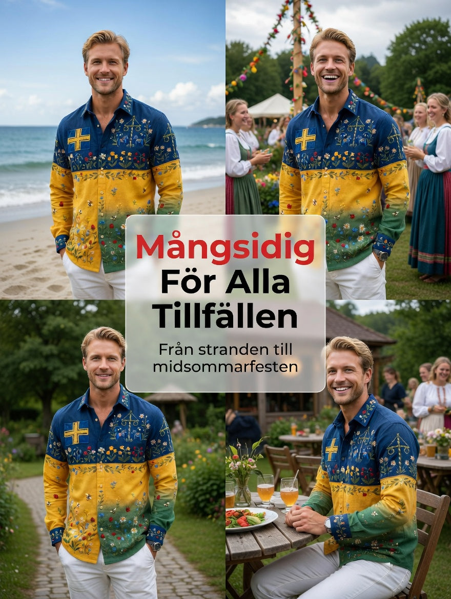 Herrretro svensk midsommarfolkaldrigblommig bomull-linne skjorta med långa ärmar