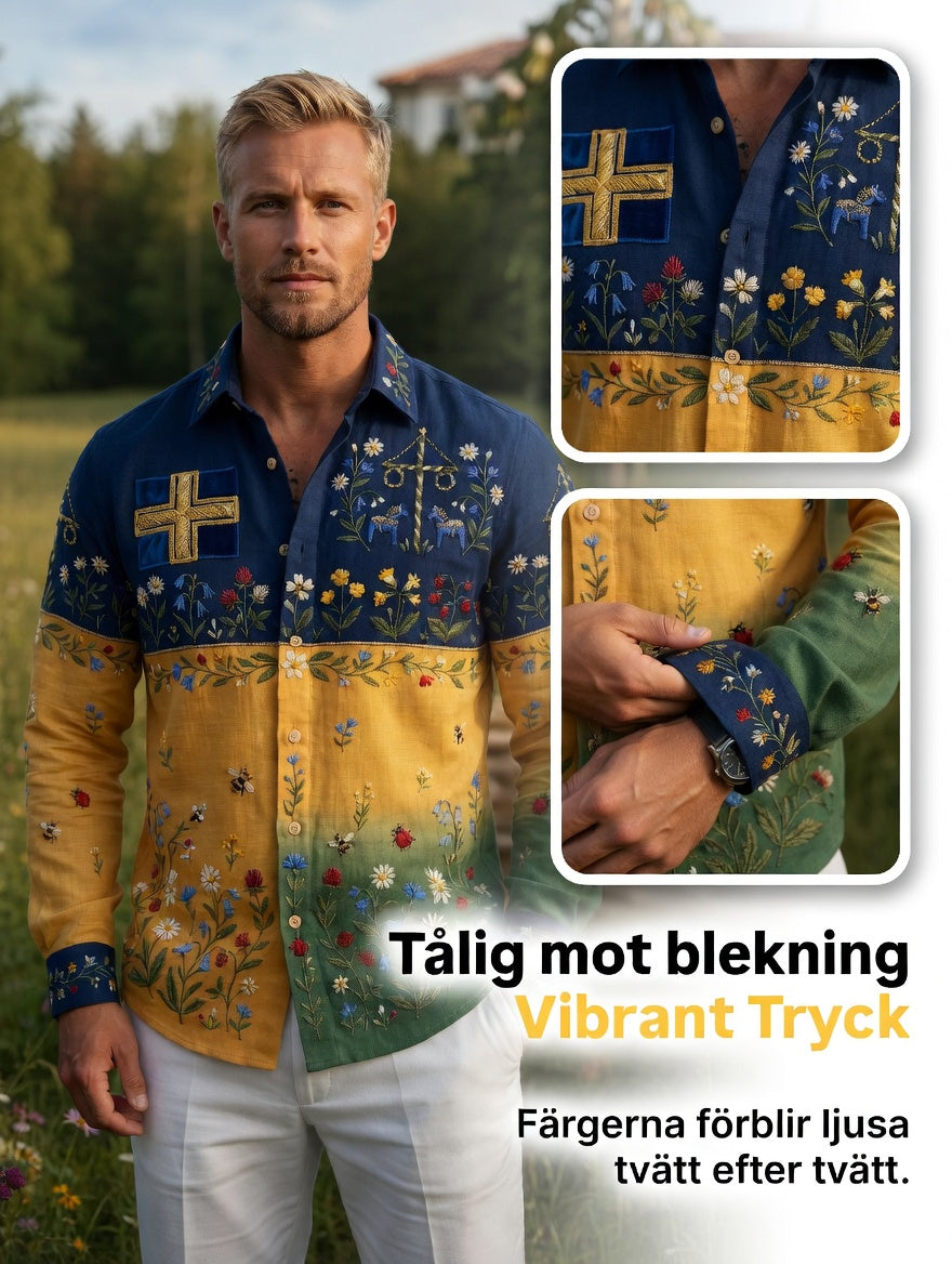 Herrretro svensk midsommarfolkaldrigblommig bomull-linne skjorta med långa ärmar
