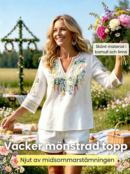 Kvinnor midsommar 3D Floral Print Vit Casual V-hals T-shirt