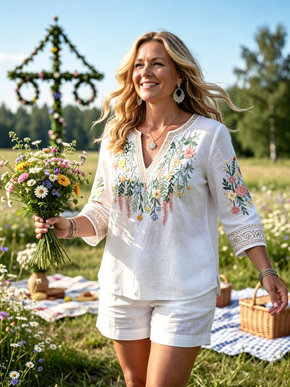 Kvinnor midsommar 3D Floral Print Vit Casual V-hals T-shirt