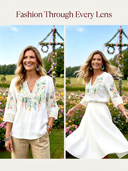Kvinnor midsommar 3D Floral Print Vit Casual V-hals T-shirt