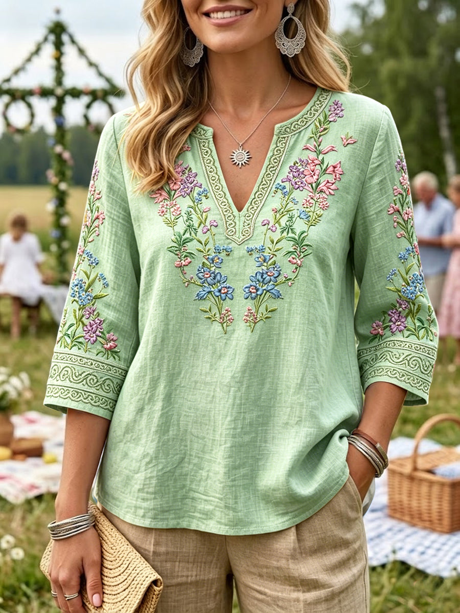 Kvinnors svenska midsommar Floral Print Green Casual V-hals T-shirt