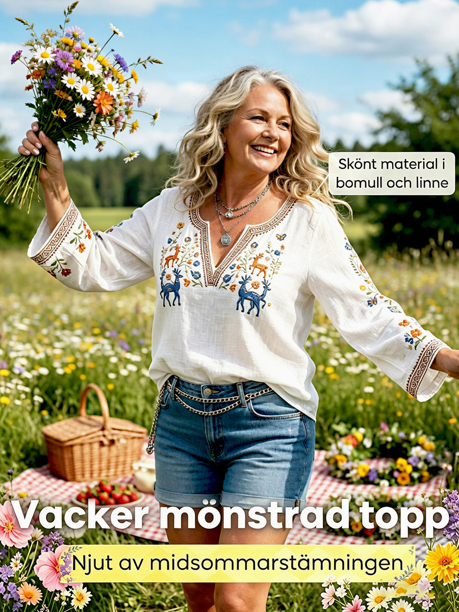 Kvinnors svenska midsommar Hjort Floral Print Vit Casual V-hals T-shirt