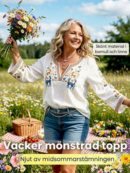 Kvinnors svenska midsommar Hjort Floral Print Vit Casual V-hals T-shirt