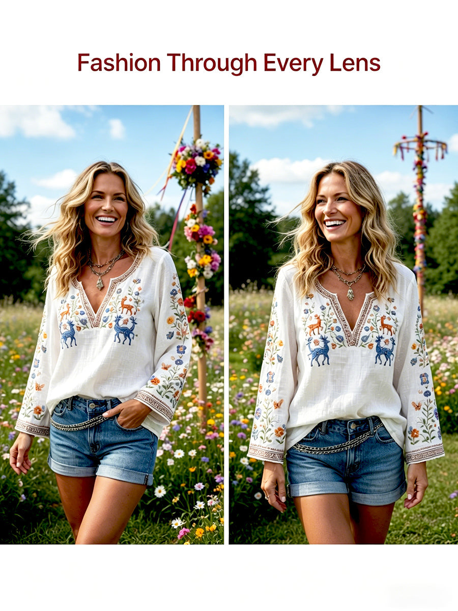 Kvinnors svenska midsommar Hjort Floral Print Vit Casual V-hals T-shirt