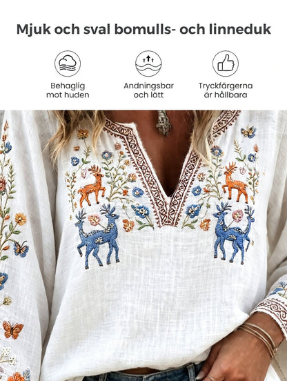 Kvinnors svenska midsommar Hjort Floral Print Vit Casual V-hals T-shirt