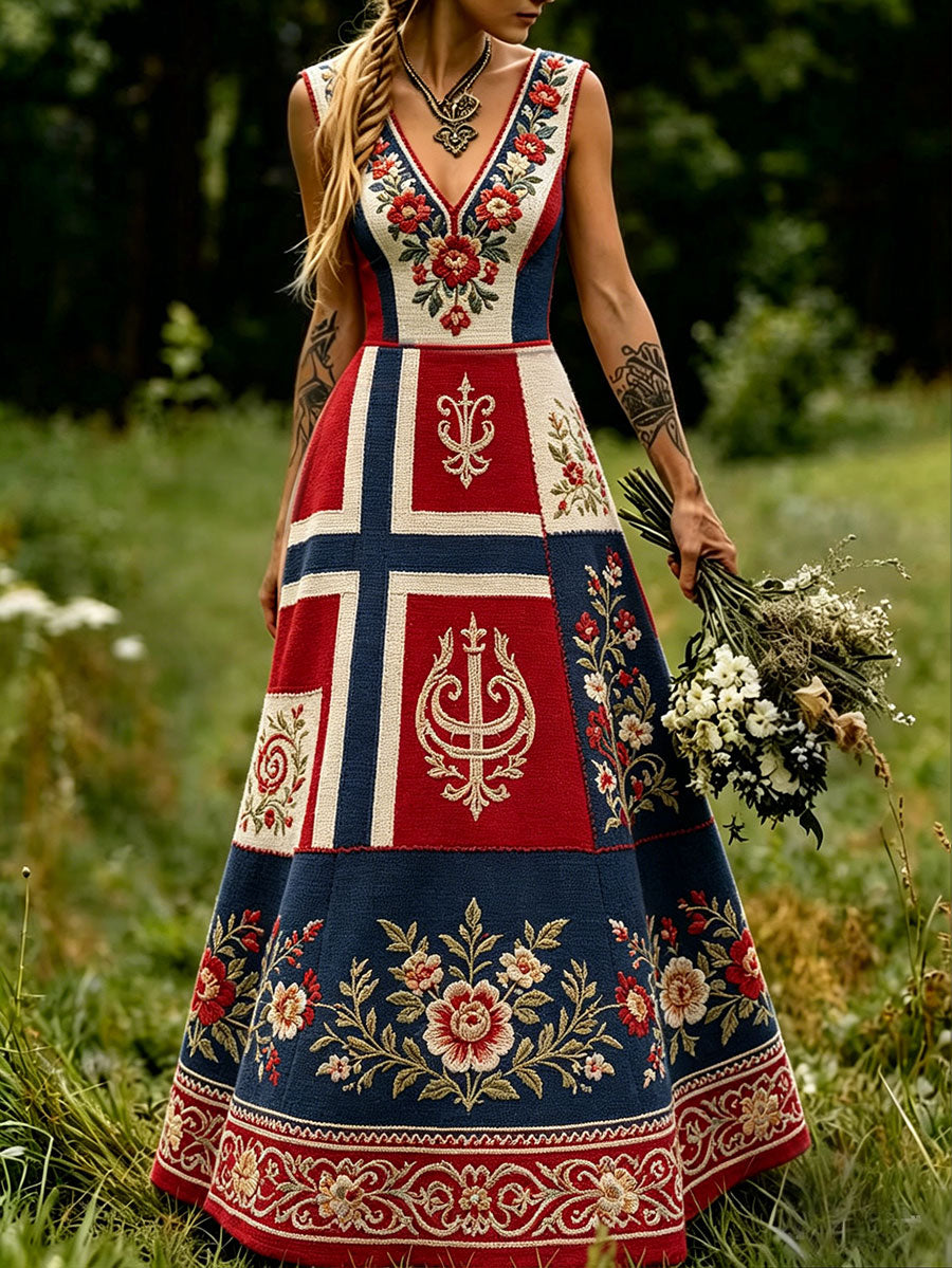 Damekjole i skandinavisk stil med nordisk blomster- og vikingmotiv