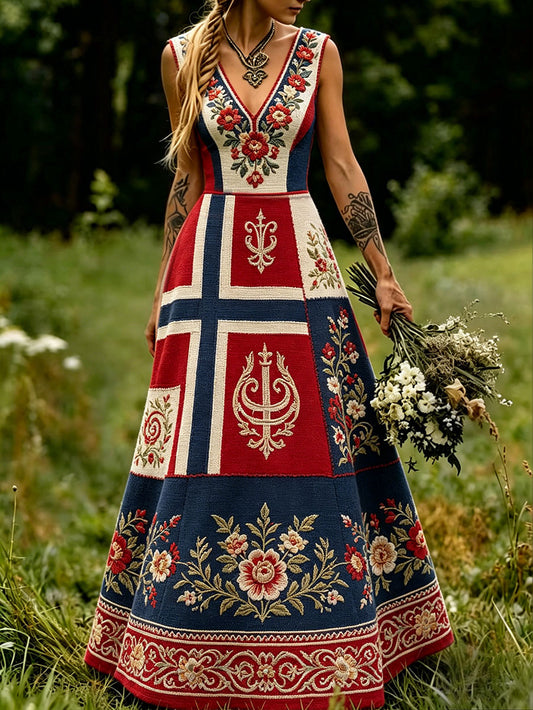 Damekjole i skandinavisk stil med nordisk blomster- og vikingmotiv
