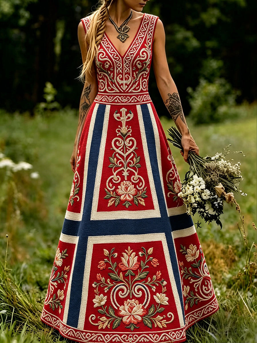 Damekjole i skandinavisk stil med nordisk blomster- og vikingmotiv