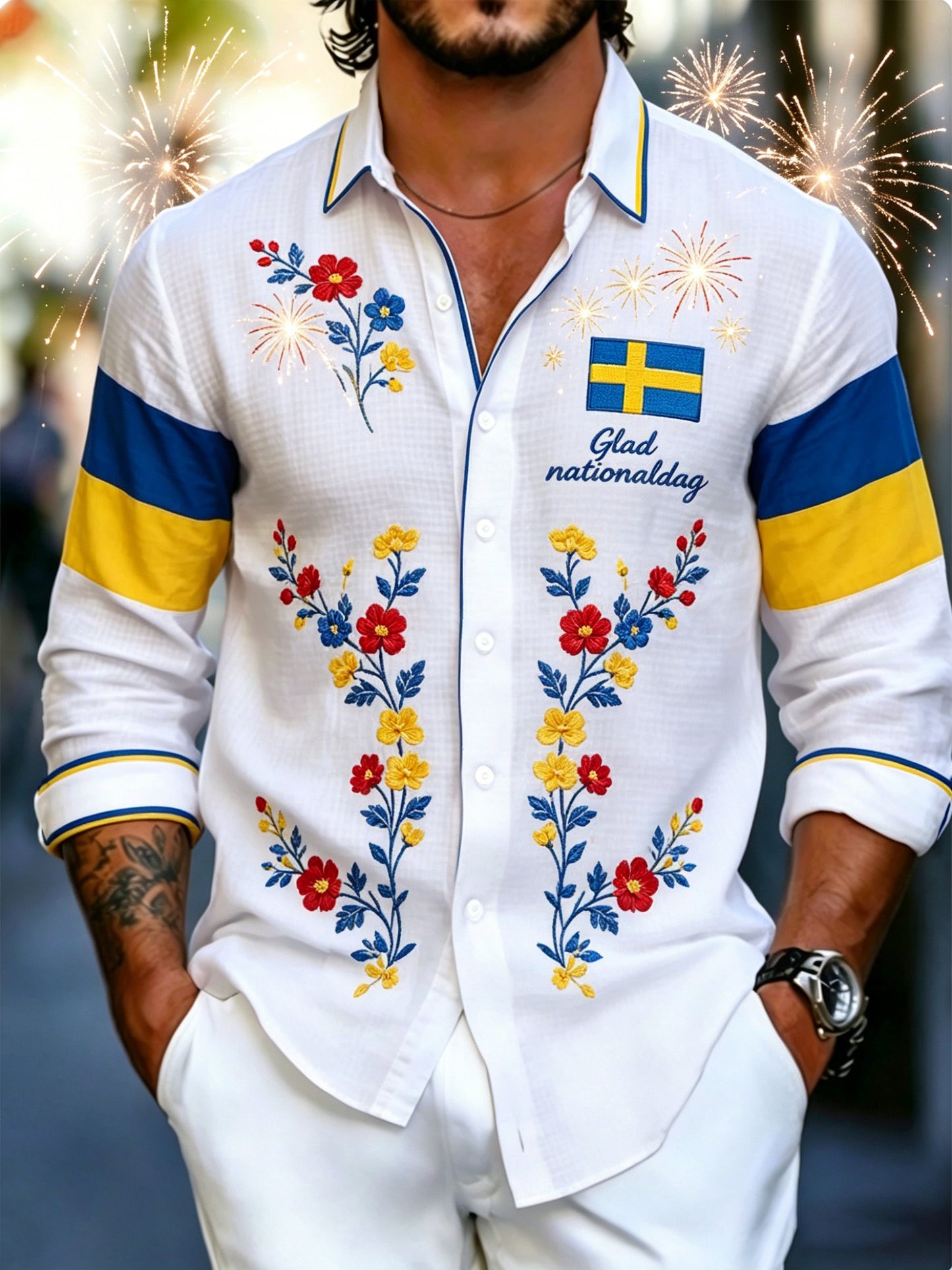 Herrtröja med långa ärmar och konstprint till minne av Sveriges nationaldag och midsommarfesten