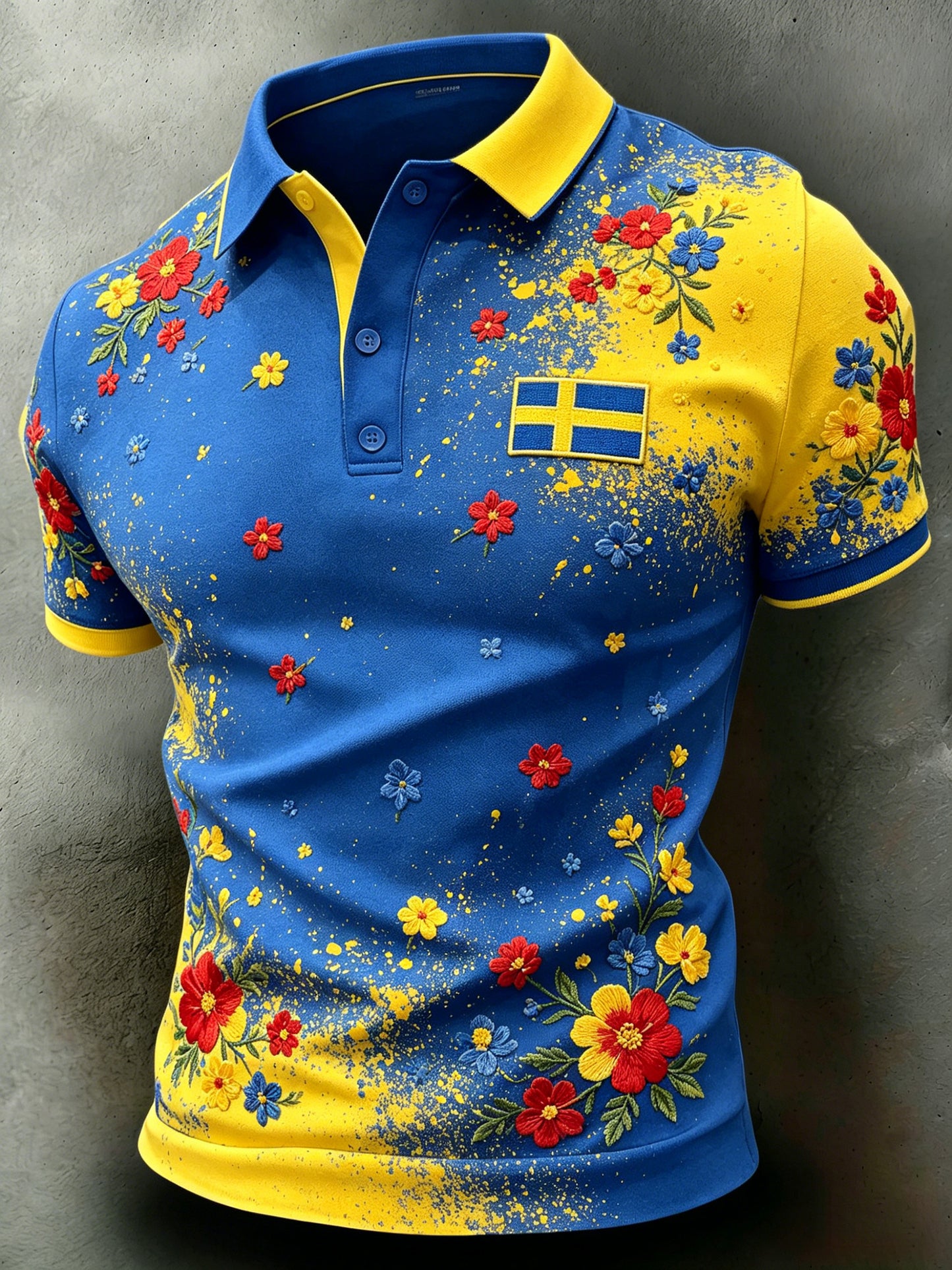 Herrpolo med konsttryck som hyllar Sveriges nationaldag och midsommarfesten