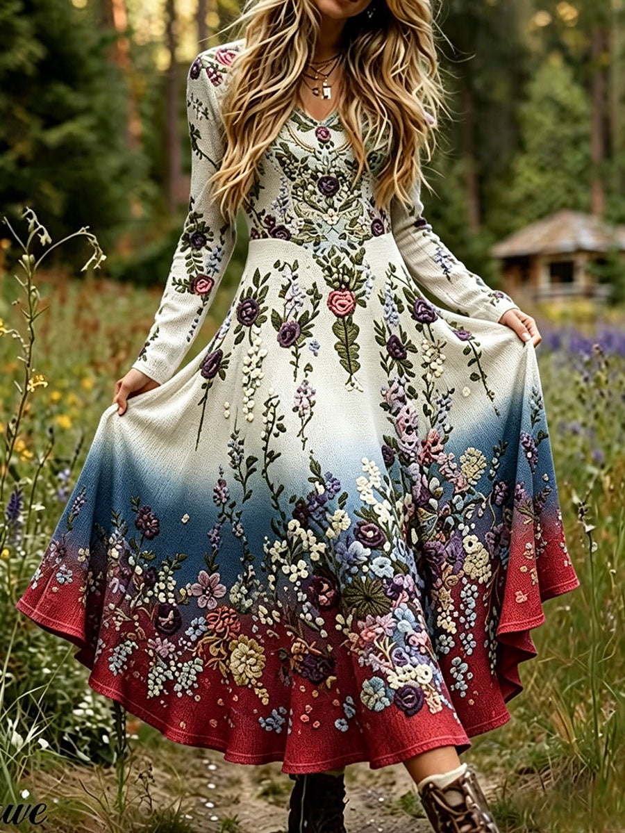 Damekjole i skandinavisk stil med nordisk blomstermotiv trykt på linstofg