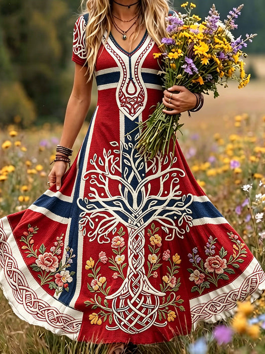 Damekjole i skandinavisk stil med nordisk blomstermotiv trykt på linstoff