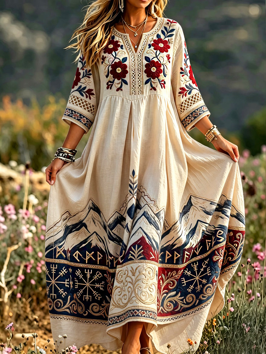 Damekjole i retro skandinavisk stil i bomull-lin med norsk kunsttrykk