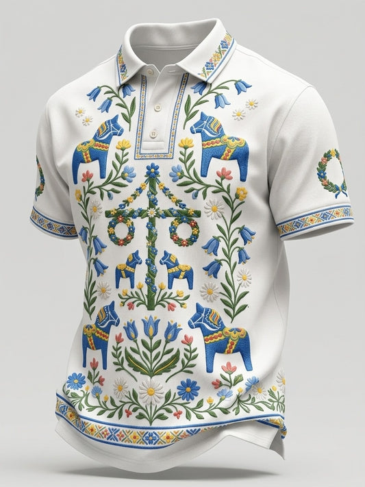 Herre retro svensk midtsommer blomster-broderi kortermet piké