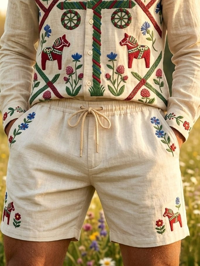 Herr Retro Svenska midsommar Folk Floral Cotton-Linen Shortbyxor