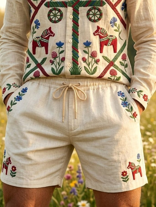 Herr Retro Svensk Midtsommer Blomsterprint Shorts i Bomull-Lin