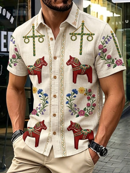 Herr retro svensk midtsommerfolkealdri blomstrete bomull-lin skjorte med korte ermer