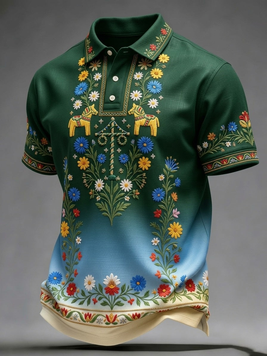 Mäns Retro Svenska midsommar Folkblommis Kort ärm Polo tröj