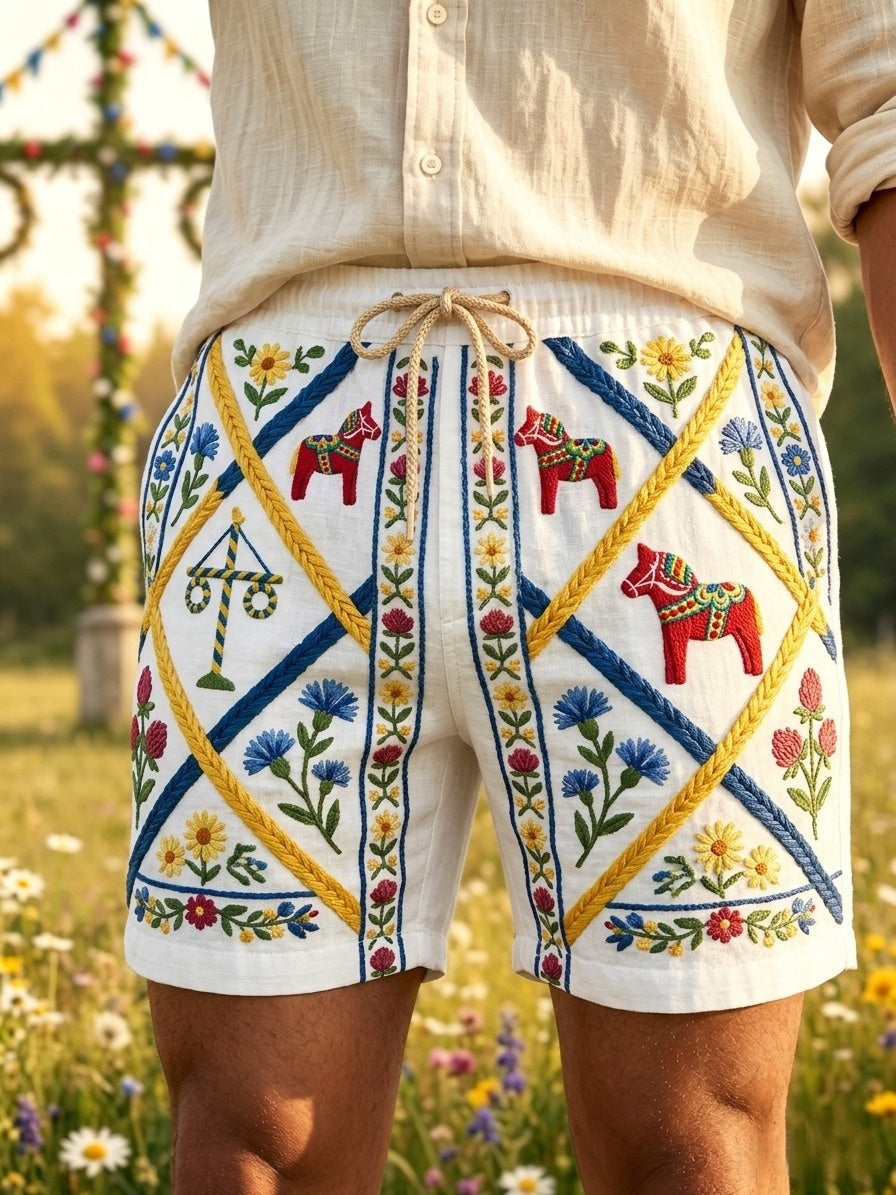 Herrkläder Retro Svenska Midsommar Folk Floral Bomull-Linne Korta Byxor