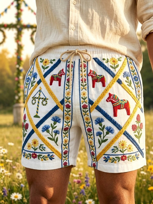 Herreklær Retro Svensk Midtsommer Folk Blomster Bomull-Lin Korte Bukser