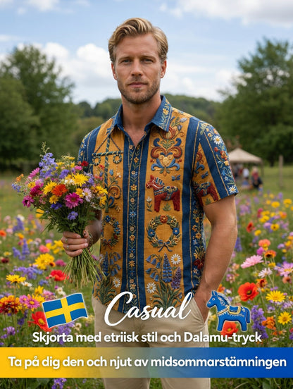 Herrretro svensk midsommarfolkaldrigblommig bomull-linne skjorta med korta ärmarna