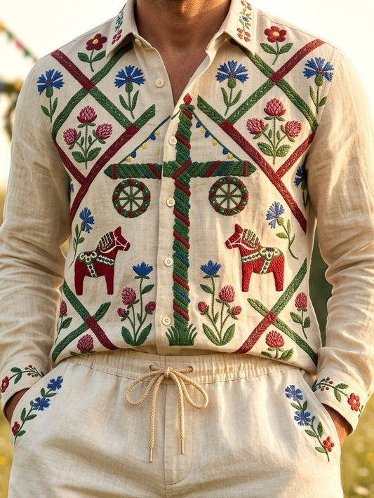 Retro langermet herreskjorte i bomull-lin uten blomster fra svensk midtsommer