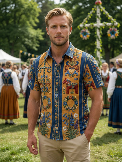 Herrretro svensk midsommarfolkaldrigblommig bomull-linne skjorta med korta ärmarna