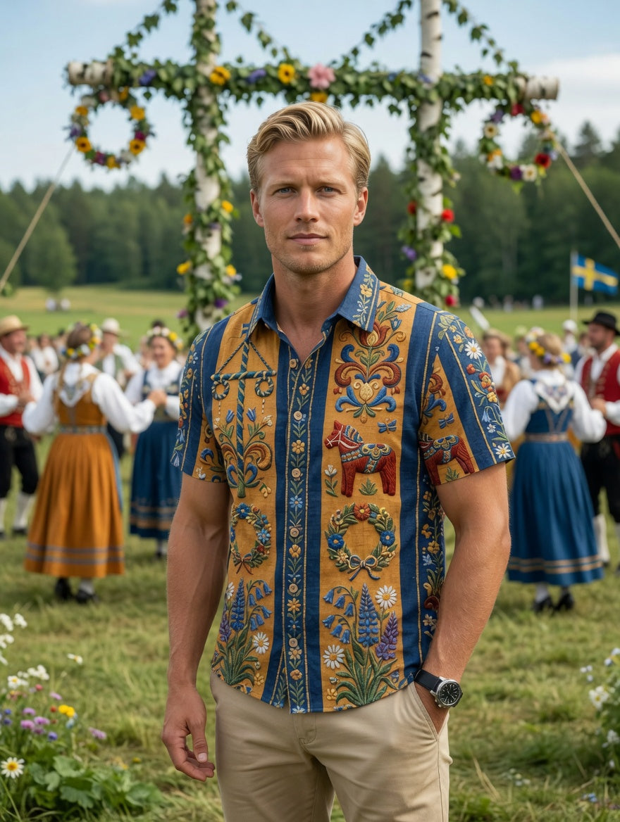 Herrretro svensk midsommarfolkaldrigblommig bomull-linne skjorta med korta ärmarna