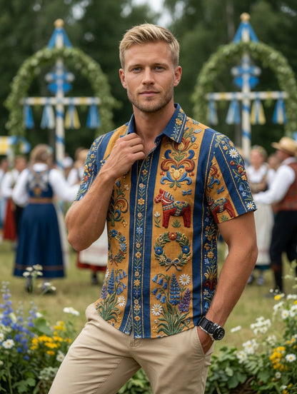 Herrretro svensk midsommarfolkaldrigblommig bomull-linne skjorta med korta ärmarna