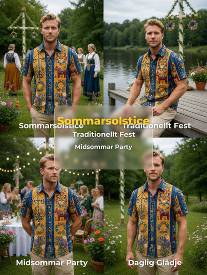 Herrretro svensk midsommarfolkaldrigblommig bomull-linne skjorta med korta ärmarna