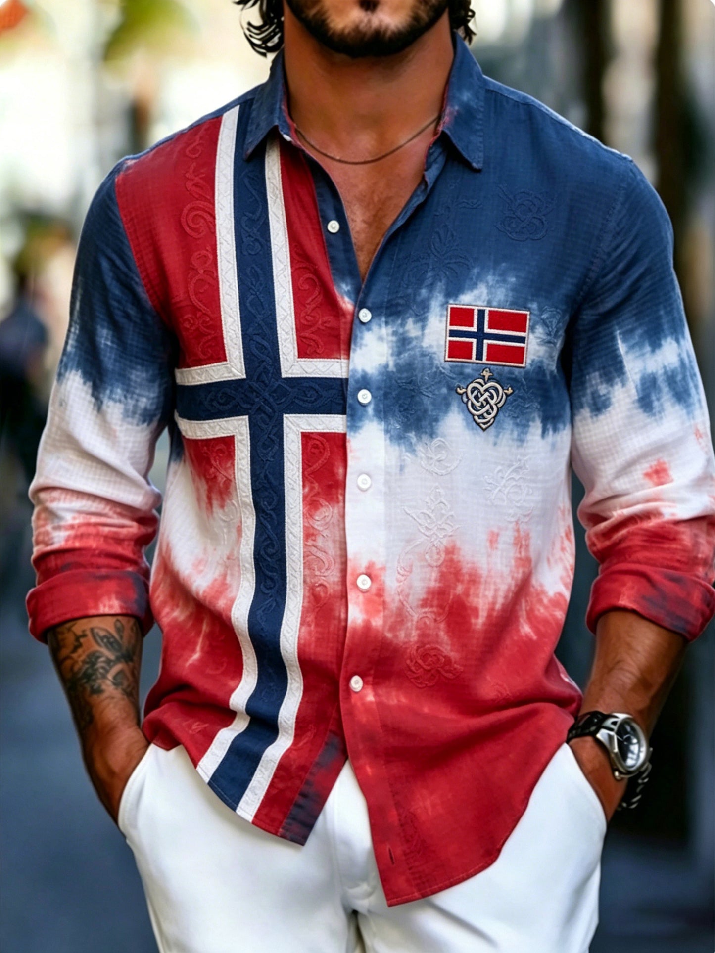 Norsk flagg til herrens fargeutskrift langærmet skjorte