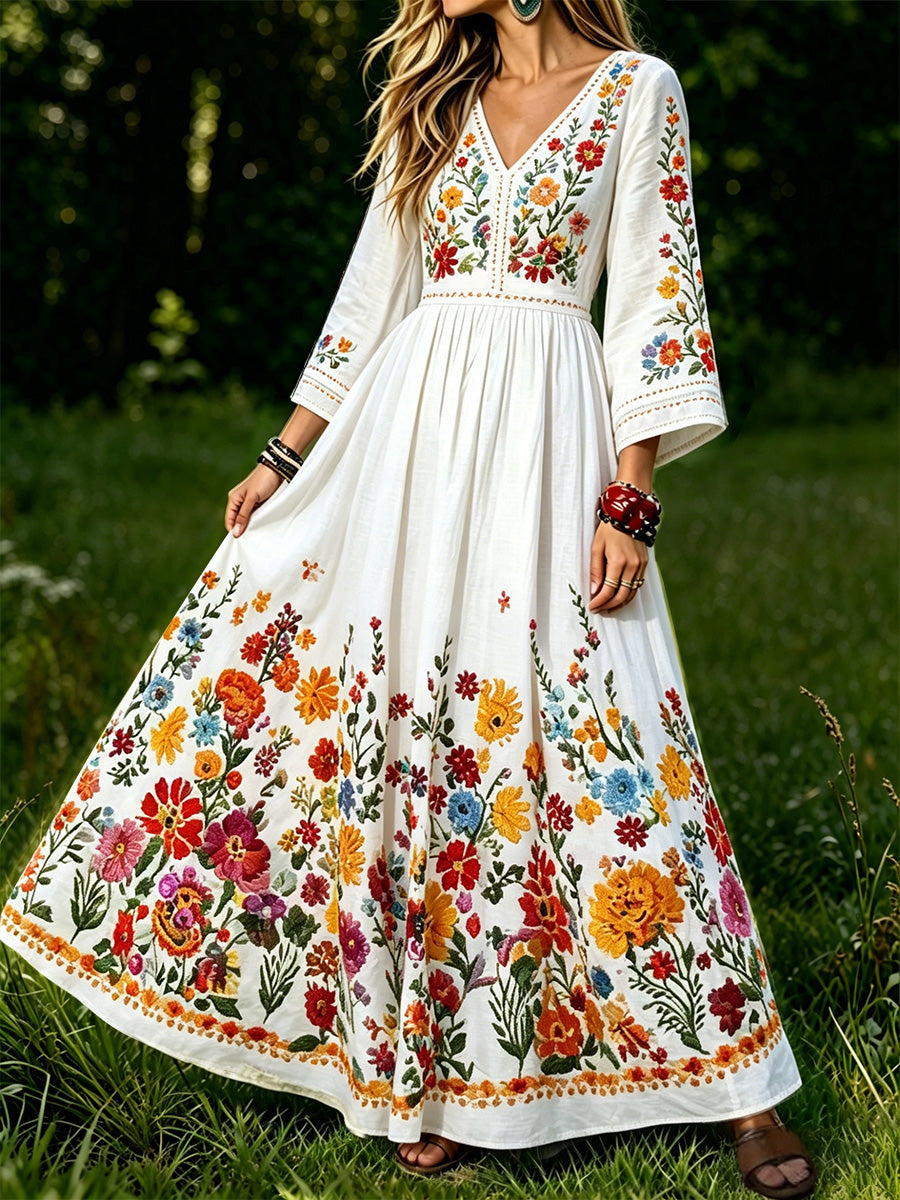 Damskjorta med blommönster, elegant, V-ringning, lång ärm