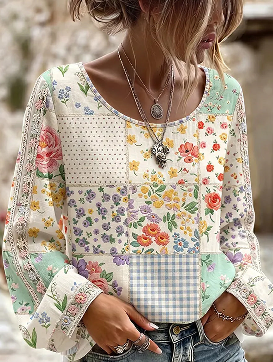 Kvinnors Vintage Floral Art Print Casual Cotton-Line Topp