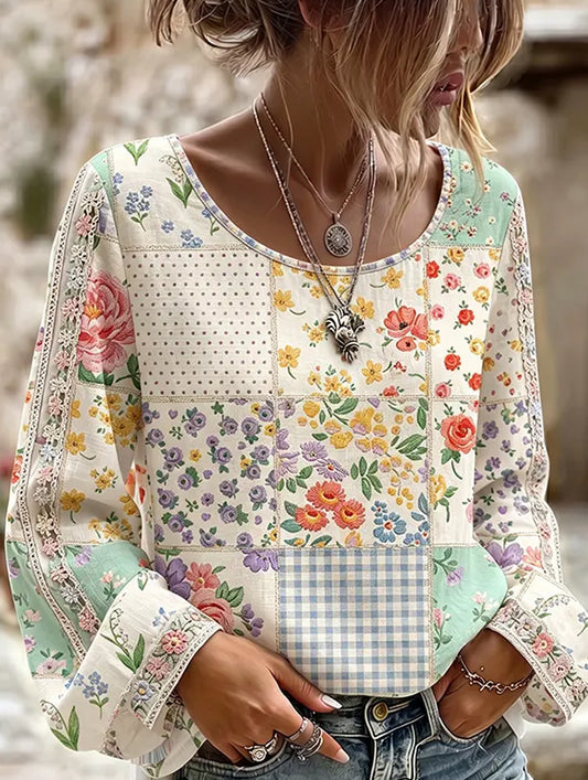 Dame Vintage Blomsterkunsttrykk Uformell Bomull-Lin Topp