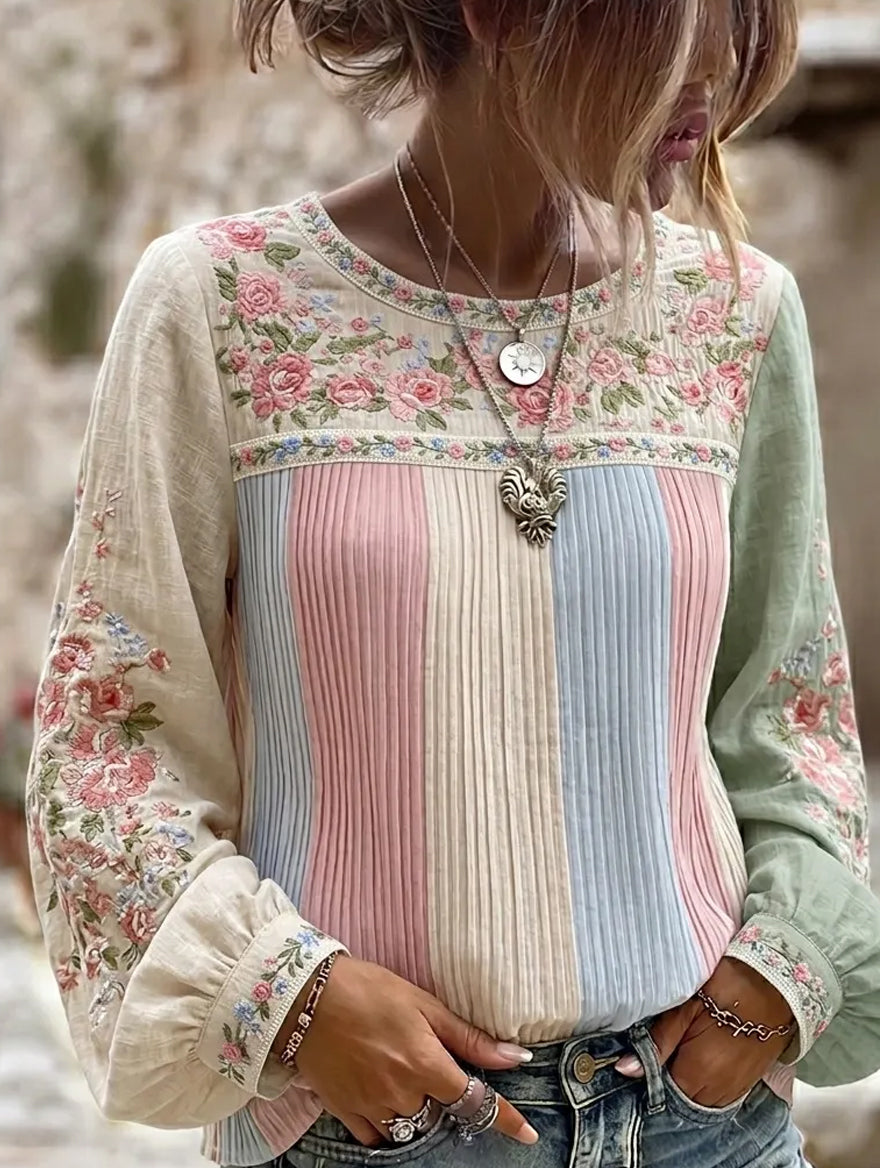Dams vintage blommig konsttryckt casual topp i bomull-linne