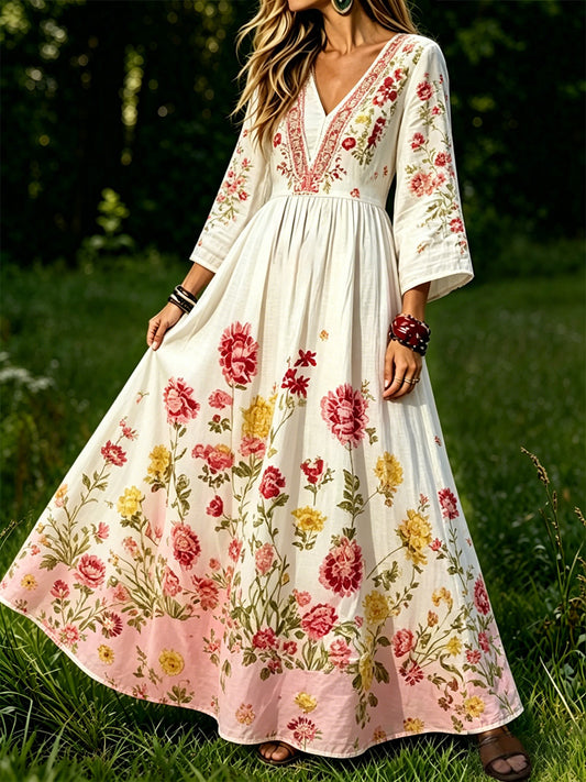 Dameskjorte med blomstermønster, elegant, V-hals, lang erm