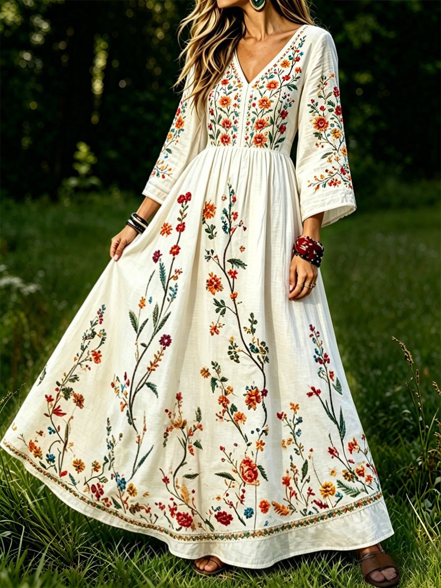 Tryckt V-hals Vintage Fashion Lång ärm Midi Klänning