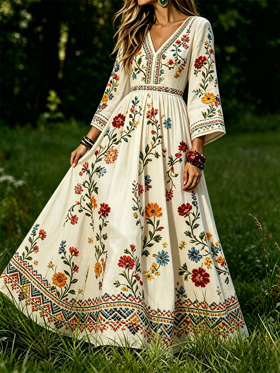 Kvinnors blommiga utskrift Elegant V-hals lång ärm klänning