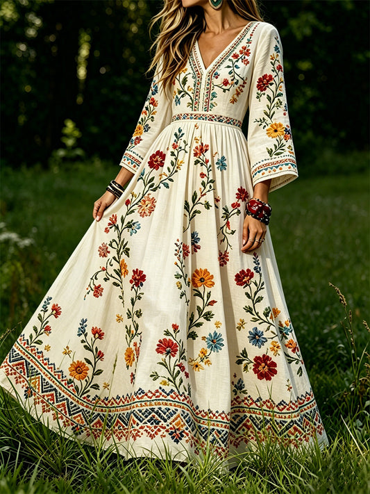 Kjole med blomstertrykk, elegant V-hals og lange ermer for kvinner